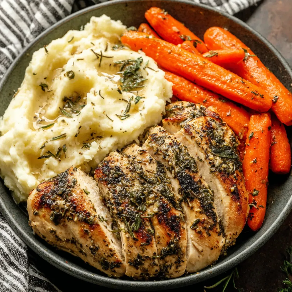 Delicious Garlic Herb Chicken with Creamy Mash & Roasted Carrots